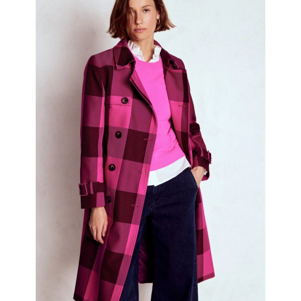 Boden 4P Cheltenham Trench Coat Pink Peony, Chestnut Gingham - Picture 9 of 11